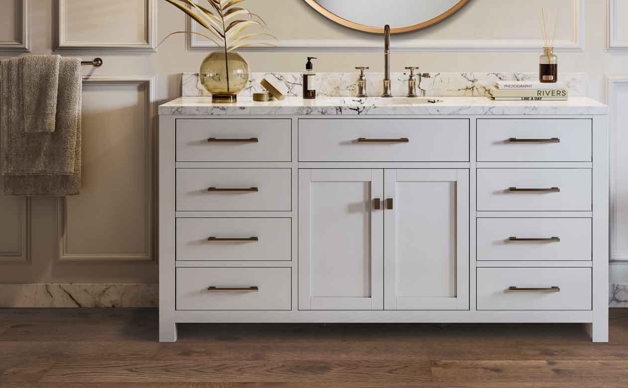 off white cabinets with gold hardware in bathroom